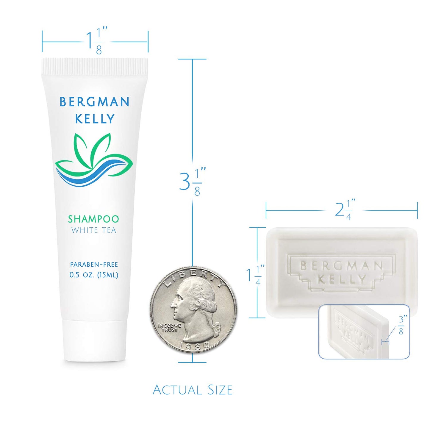 BERGMAN KELLY Rectangular Hotel Soap Bars, Shampoo & Conditioner 3-Piece Set (0.5 oz each, 150 pc, White Tea), Delight Guests w/Revitalizing & Refreshing Mini Travel Toiletries & Bulk Amenities