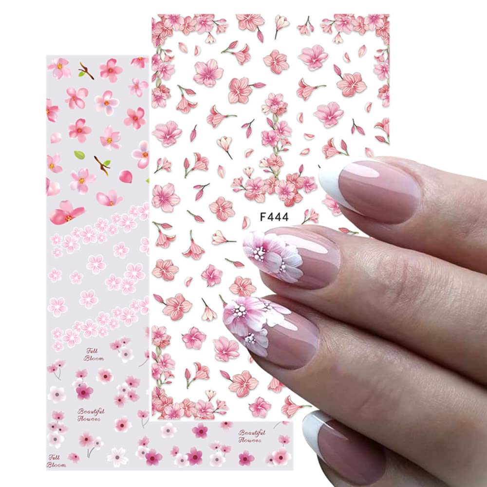 Flowers Nail Stickers, Spring Nail Decals 3D Self-Adhesive Cherry Blossom Floral Pink Spring Nail Design Manicure DIY Nail Art Decoration for Women Girls (8Sheets)