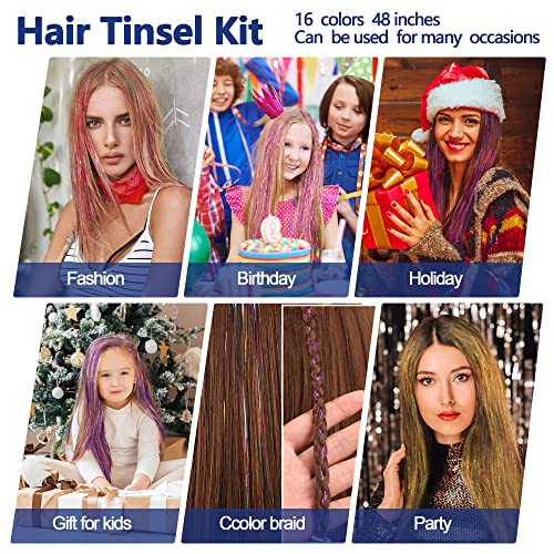 ELASO 16 Colors Hair Tinsel Kit - 3300 Strands 48 Inch Extensions