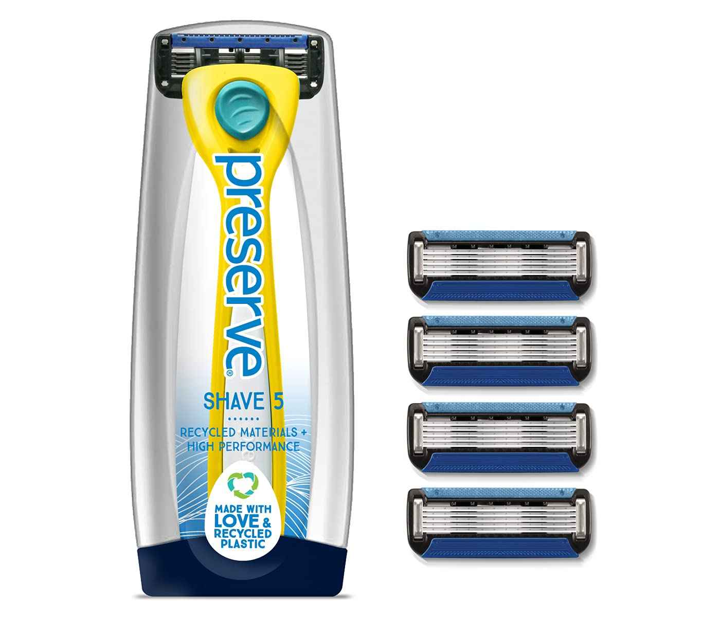 Preserve Shave 5 Five Blade Refillable Razor, Made from Recycled Materials, Sunshine Yellow and Preserve Five Blade Replacement Cartridges for Preserve Shave Five Recycled Razor (4 Count) Bundle