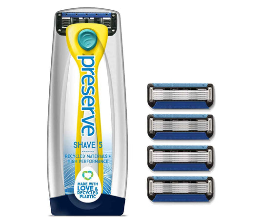 Preserve Shave 5 Five Blade Refillable Razor, Made from Recycled Materials, Sunshine Yellow and Preserve Five Blade Replacement Cartridges for Preserve Shave Five Recycled Razor (4 Count) Bundle