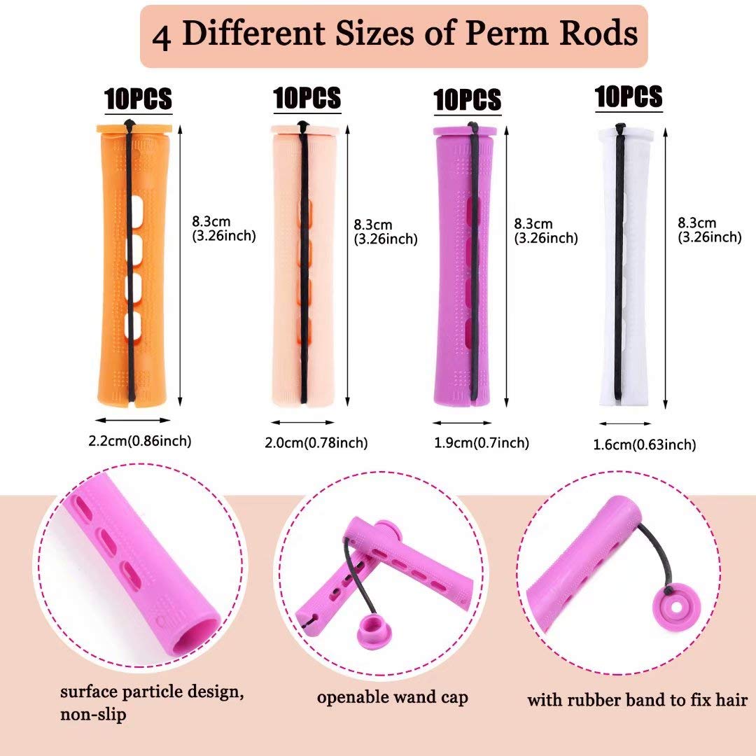 40pcs Perm Rod Set - 4 Sizes Cold Wave Rollers for Long, Medium & Short Hair Curls - Hair Curling Tools with Orange, Beige, Purple & White Rods for Natural Hair Styling & DIY