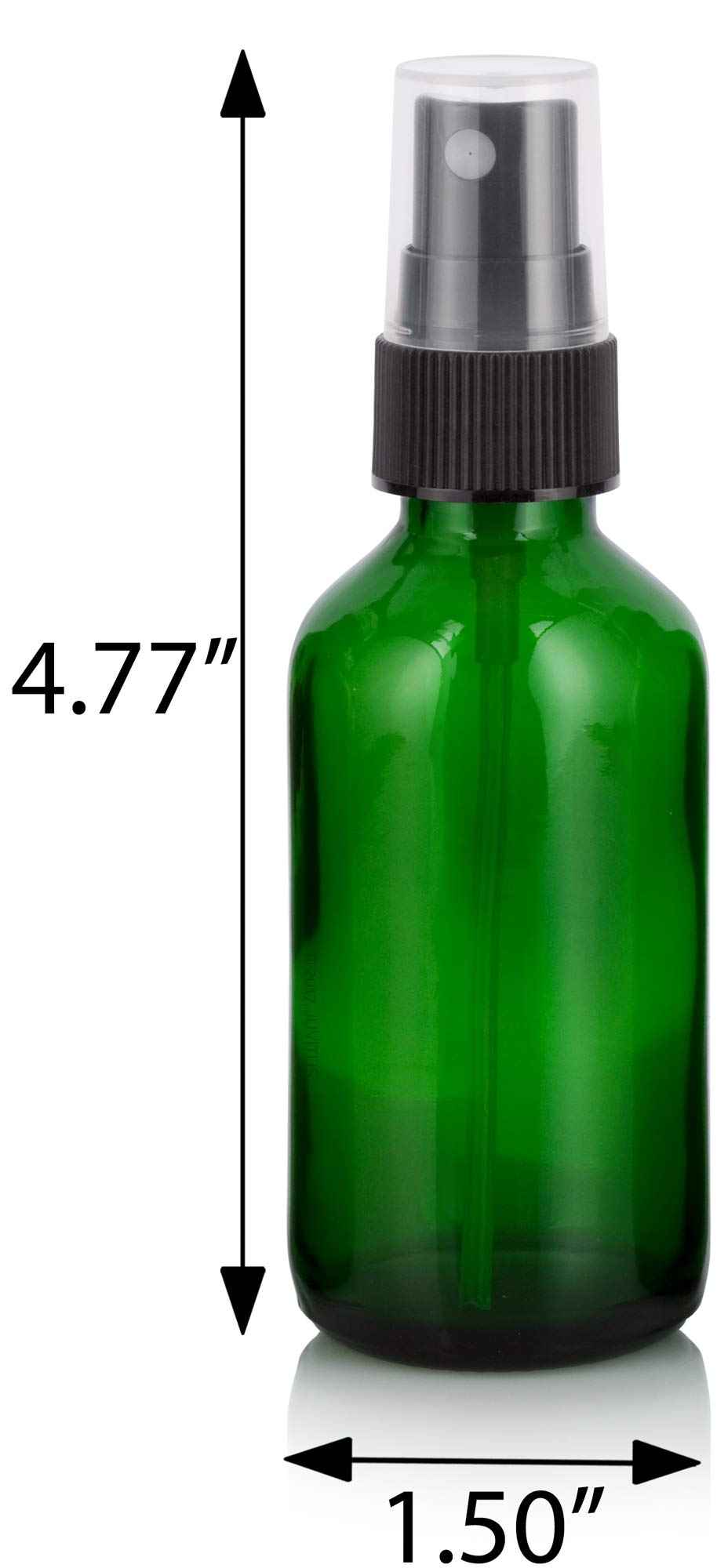 JUVITUS 2 oz Green Glass Boston Round Bottle with Black Fine Mist Spray (12 Pack) + Funnel