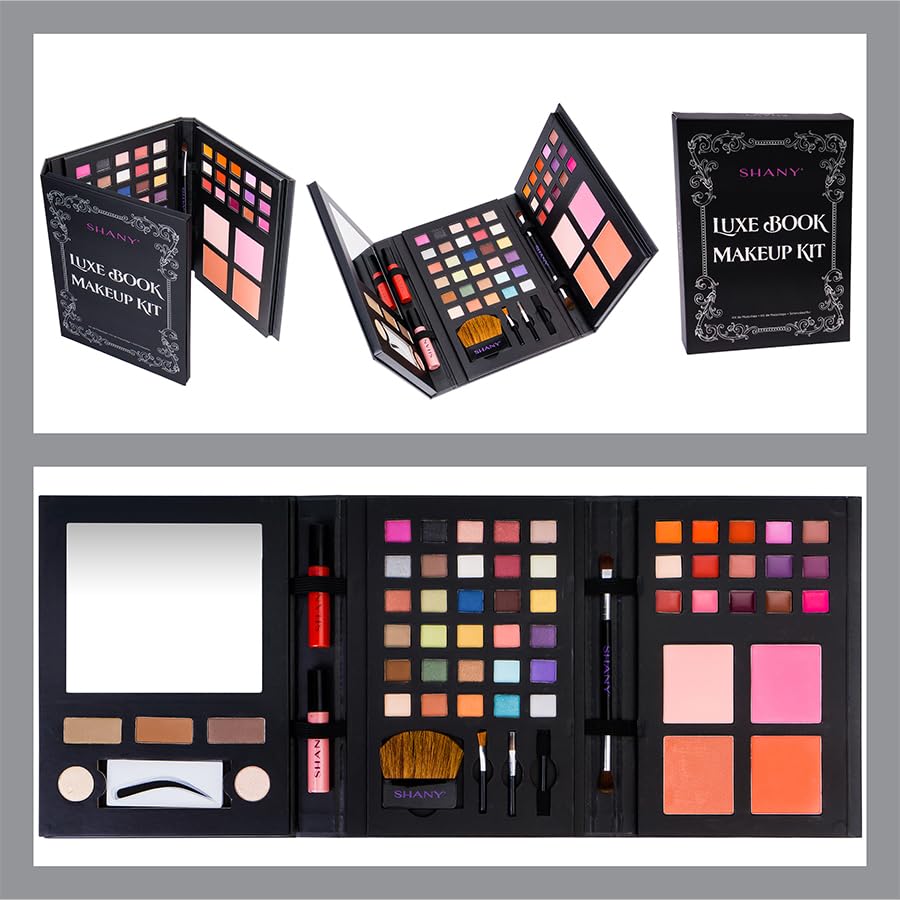 SHANY Luxe Book Makeup Set - All In One Travel Cosmetics Kit with 30 Eyeshadows, 15 Lip Colors, 5 Brushes, 4 Pressed Blushes, 3 Brow Colors, and Mirror