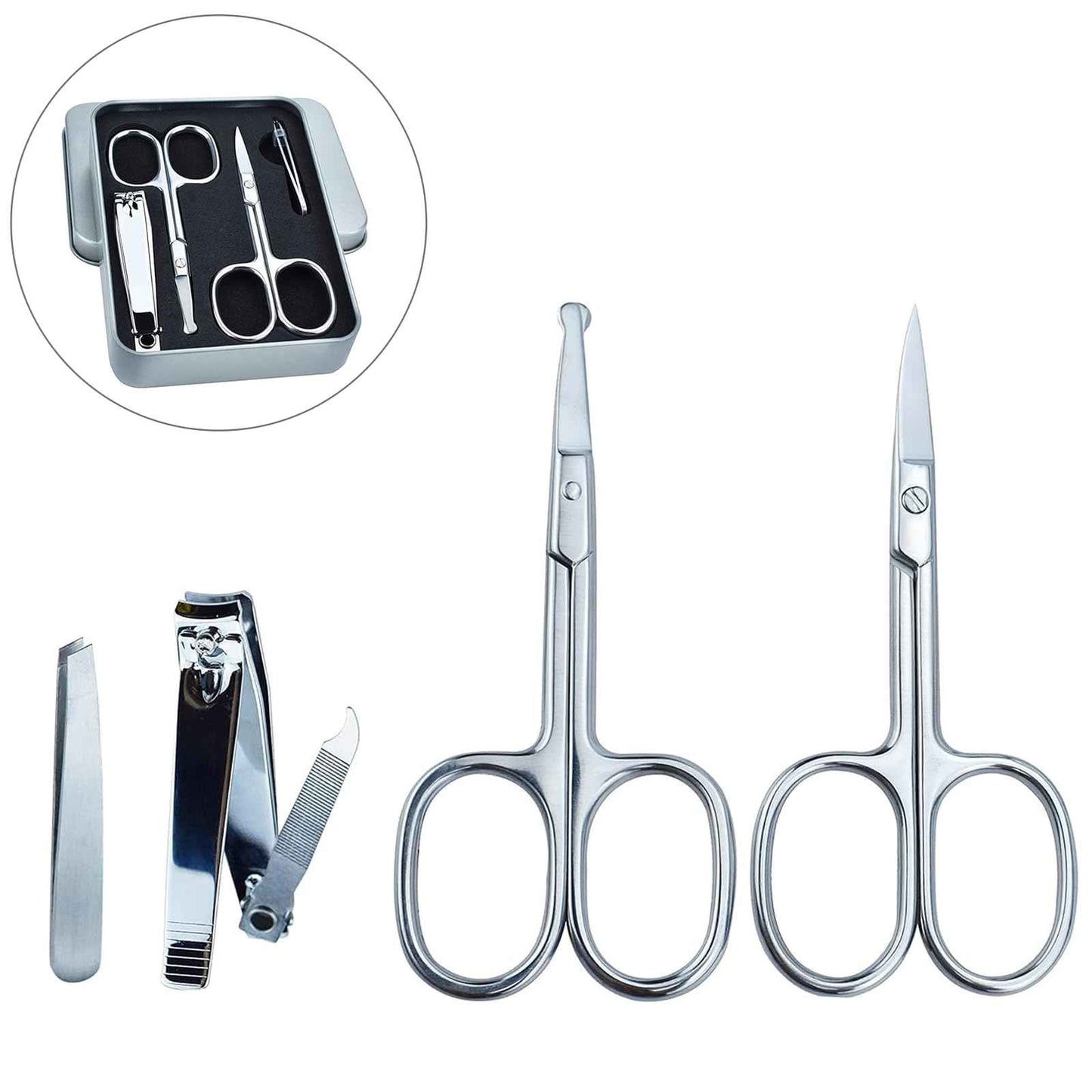 5Pcs Beauty Grooming Eyebrow Scissor Men Women Facial Nose Hair Scissor Curved Round Blunt Mustache Beard Manicure Pedicure Trimmer Set Stainless Steel Slant Tweezers Nail Clipper Pet Dog Scissor Kit
