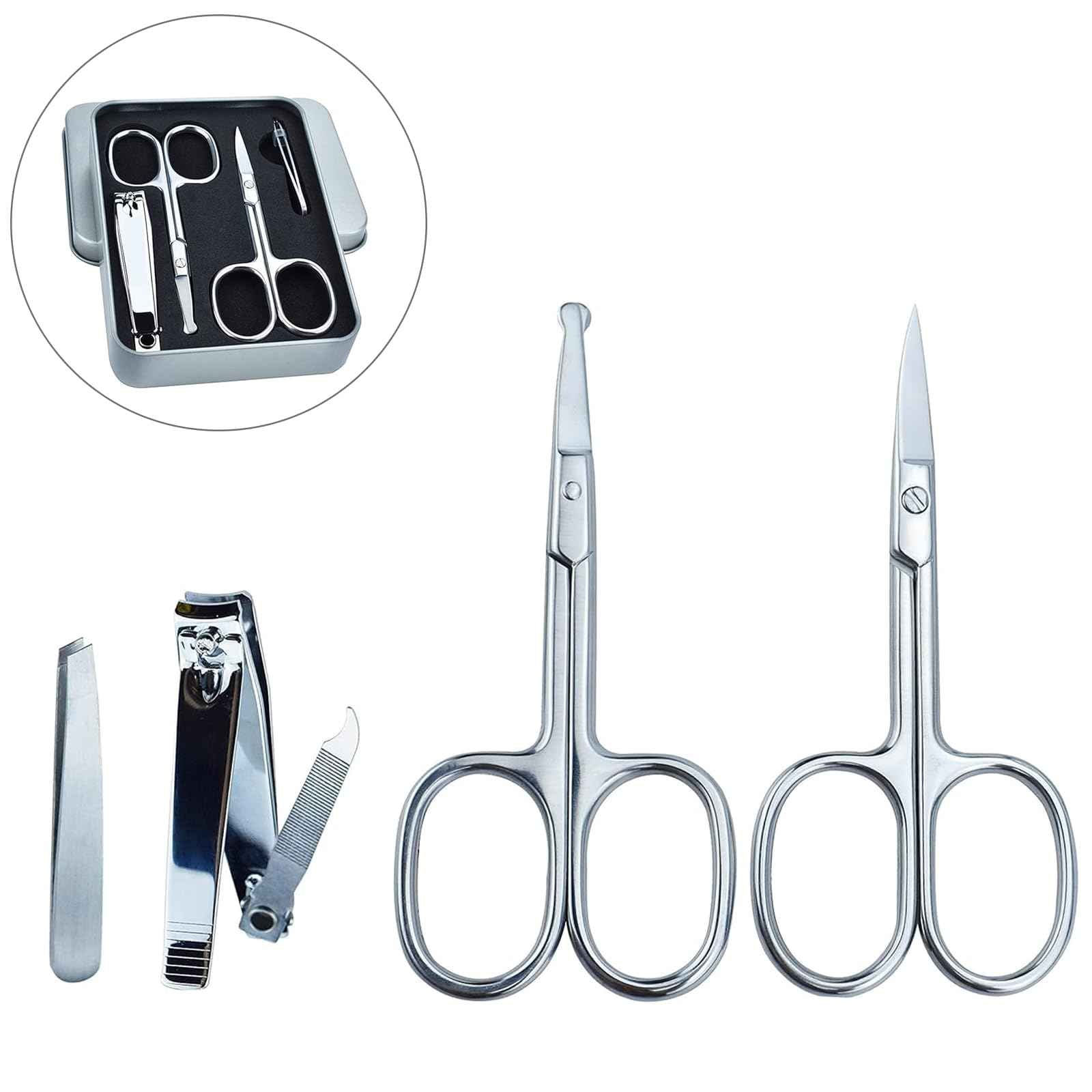 5Pcs Beauty Grooming Eyebrow Scissor Men Women Facial Nose Hair Scissor Curved Round Blunt Mustache Beard Manicure Pedicure Trimmer Set Stainless Steel Slant Tweezers Nail Clipper Pet Dog Scissor Kit
