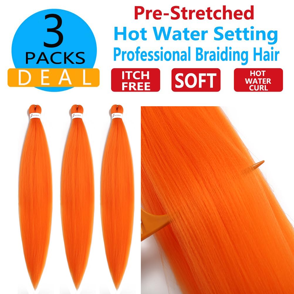 Xiaofeng 3 Packs/Lot Pre Stretched Braiding Hair Extensions for Women Crochet Braids Hair Orange 26 Inch Hot Water Setting Synthetic Fiber Braiding Hair Extensions for Girls100g/Pack