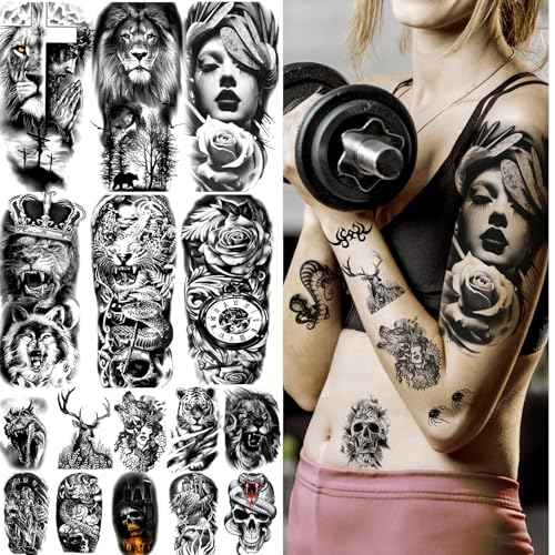 82 Sheets Temporary Tattoo for Men Women Adults, Include 12 Sheets Black 3D Half Sleeve Temporary Tattoos, Halloween Tattoos Scary Lion Wolf Tiger Skull Skeleton Tattoos Stickers