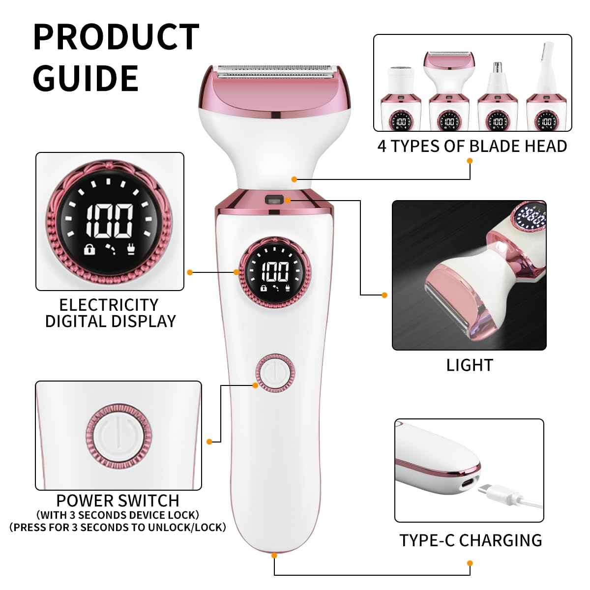 4-in-1 Electric Razor & Bikini Trimmer for Women - Rechargeable Wet/Dry Body Shaver for Face, Legs, Underarms, Pubic Hair, IPX6 Waterproof with LED Light & Travel Lock