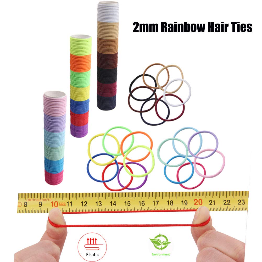 Strong Elastic Hair Ties – 240 Count 2mm, 3.5inch Length Rainbow No Metal Rubber Hair Bands, No Pull Ponytail holder, Great for Thin Curly Hair, Mother Daughter, Girls, Pets, Daily Wear