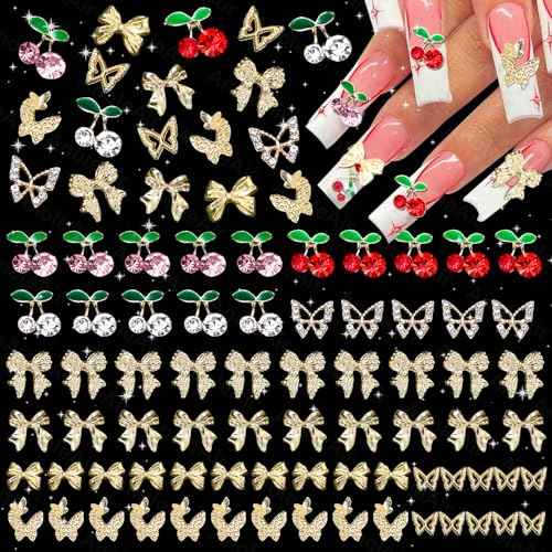 70 Pcs Cherry Nail Charms Gems, 3D Butterfly Bowknot Nail Art Charms, Alloy Bow Gold Butterfly Nail Gems Charms for Acrylic Nails, Gold Bows Nail Art Charms for Nails DIY Y2K