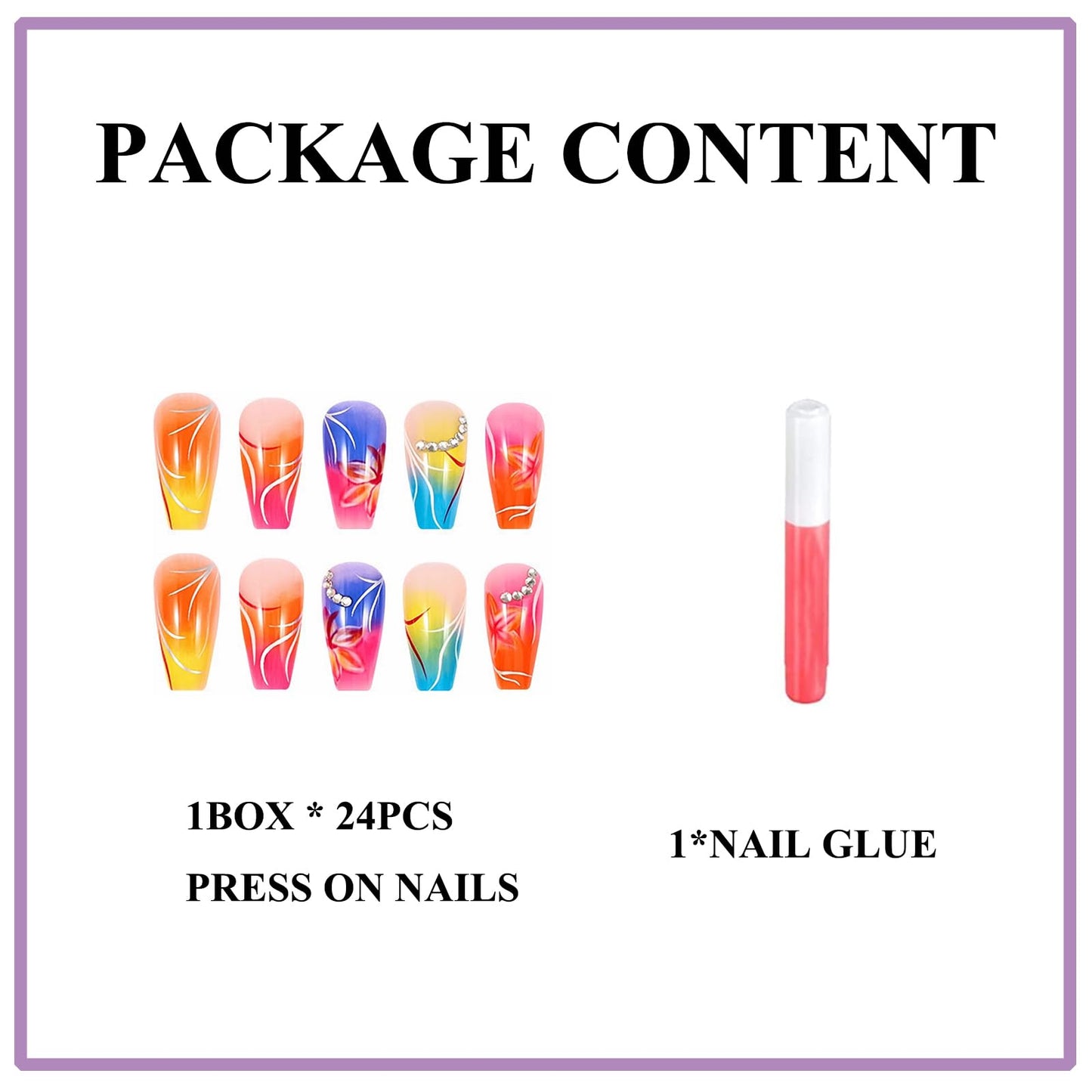 MERVF Coffin Press on Nails Long Fake Nails Press ons Ombre French Tip Glue on Nails with Flower Design Colorful Gradient Ballerina Rhinestones Acrylic False Nails Glossy 24pcs