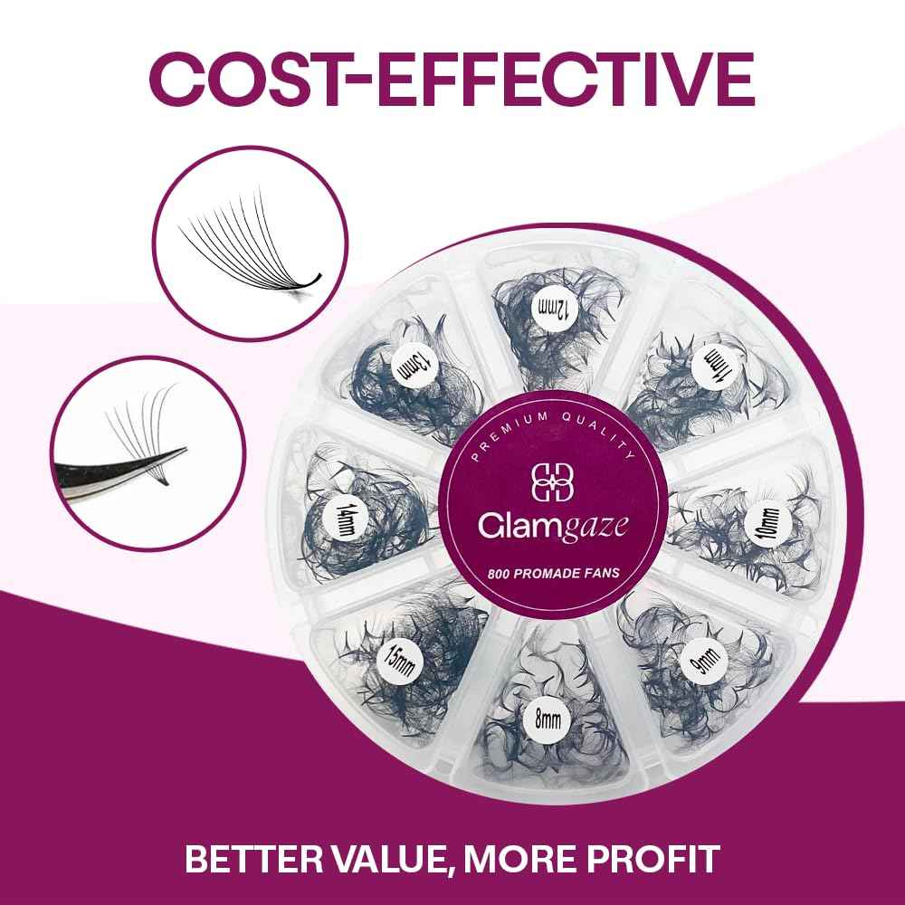 GLAMGAZE 800 Promade Fans 8-15mm Mixed Lengths - 5D to 16D, C CC D Curl, 0.05-0.07mm Thickness - Premade Lash Fans Volume Lash Extensions Loose Premade Fans Eyelash Extensions (10D-0.05-CC 8-15mm)