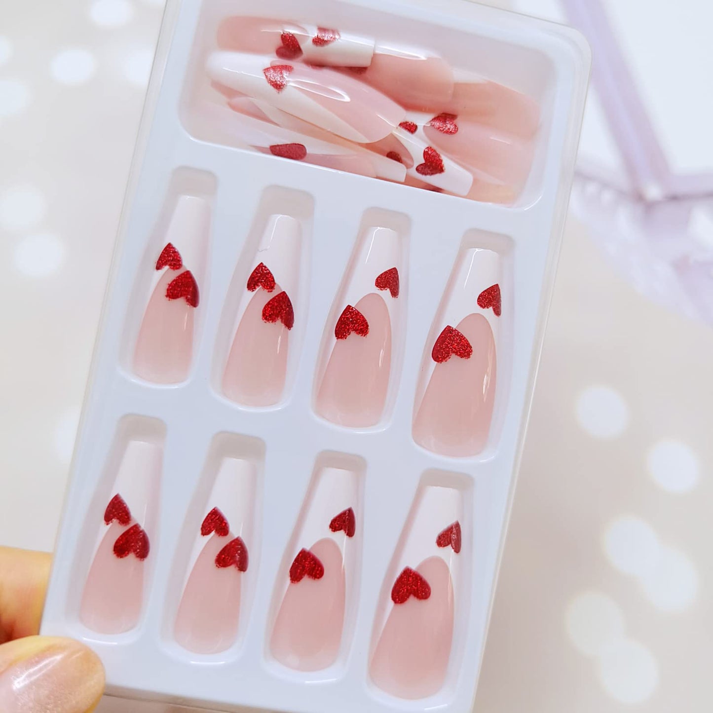 24 Pcs French Tip Press on Nails with Heart Designs Long Square Shape Fake Nails Valentines Glossy Ballerina Full Cover Glue on Nails, Acrylic Reusable Press on False Nails for Women and Girls