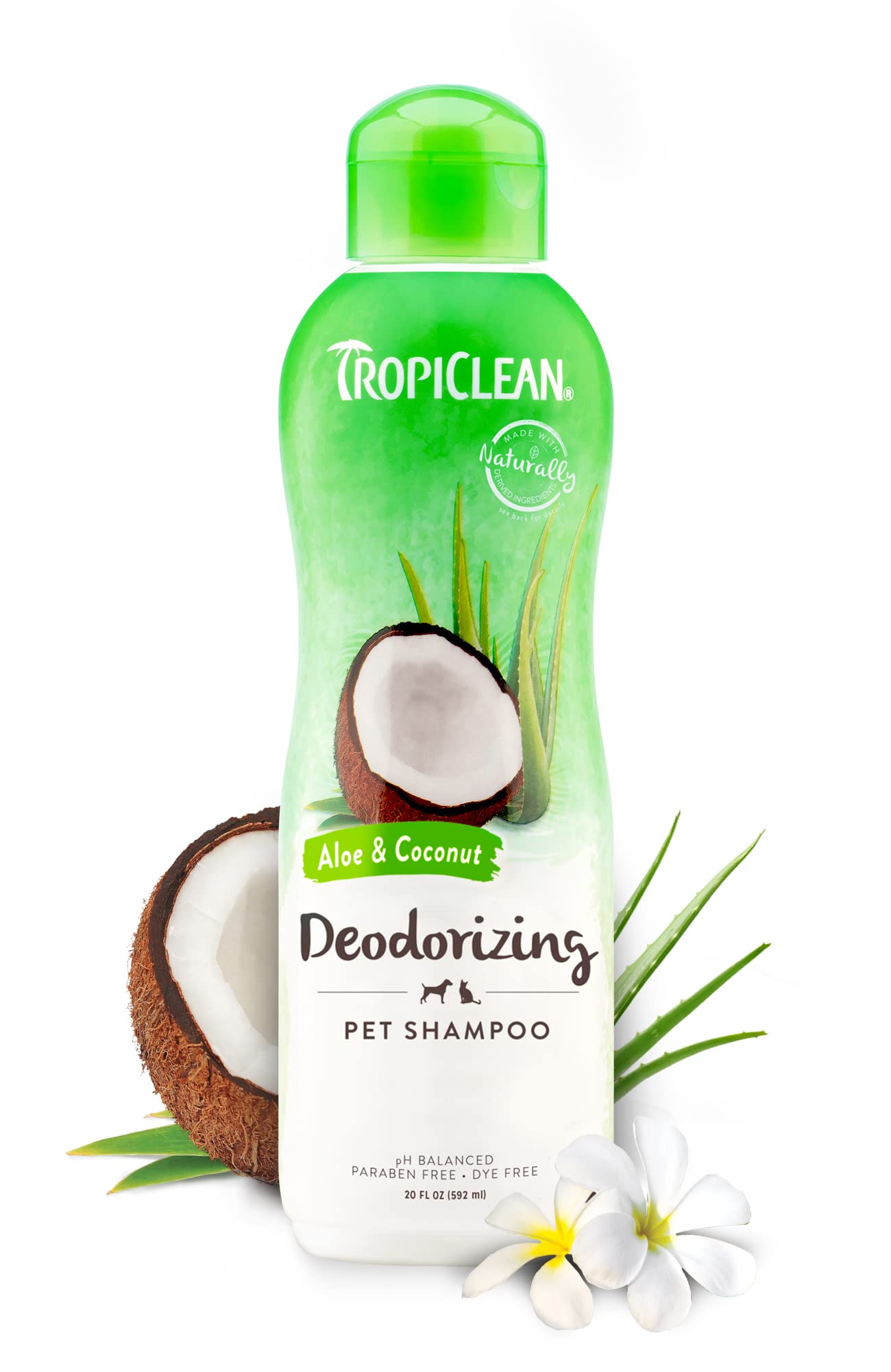 TropiClean Aloe & Coconut Deodorizing Dog Shampoo for Smelly Dogs | Odor Control Shampoo for Stinky Dogs | Natural Pet Shampoo Derived from Natural Ingredients | Cat Friendly | Made in the USA | 20 oz