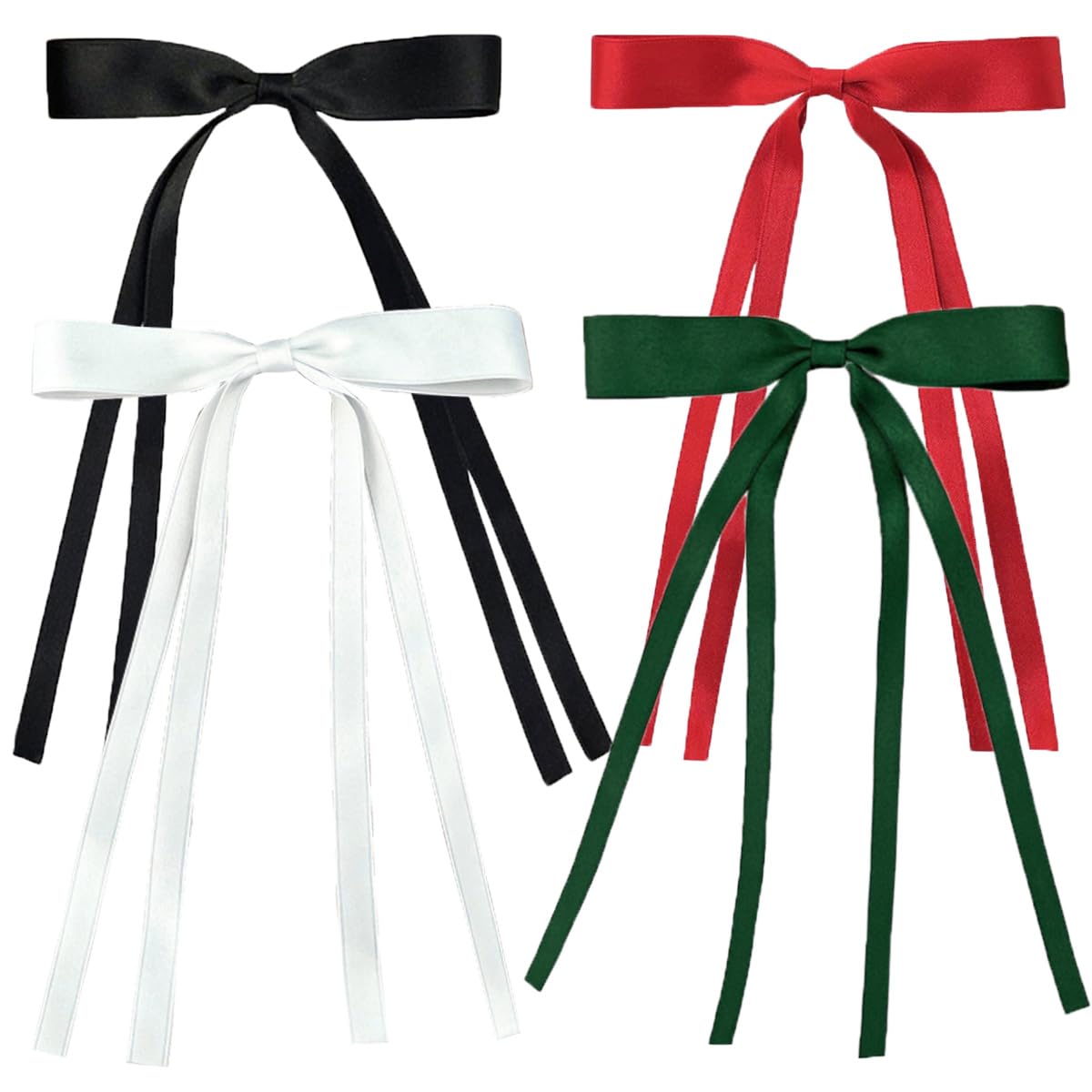 SALOCY Hair Accessories Set: 4 PCS Tassel Bowknot Hair Clips with Long Tails, Large Satin Ribbon Bows for Hair Design (Black, Red, Green, White)