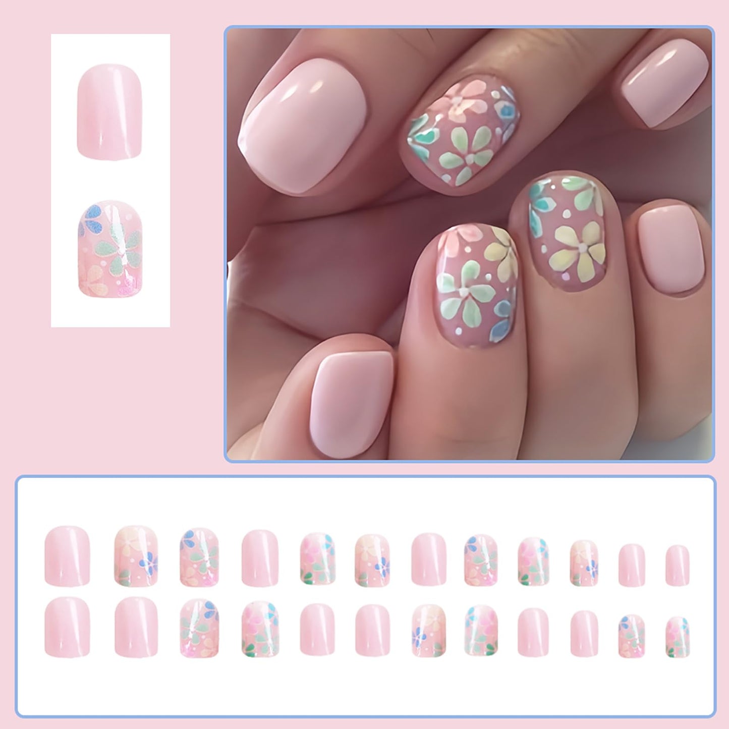 24Pcs Colorful Flower Press on Nails Short Square Fake Nails Spring Press on Nails Light Pink Acrylic Nails Full Cover Glossy False Nails for Women and Girls Stick on Nails Spring Summer Nail Art