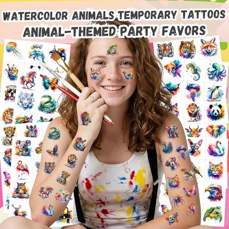 96 Watercolor Animal Temporary Tattoos - Kids Party Favors