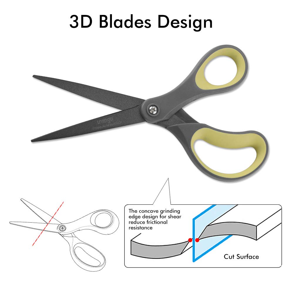 LIVINGO 2 Pack 8" Titanium Non-Stick Scissors, Professional Stainless Steel Comfort Grip, All-Purpose, Straight Office Craft Scissors for Tape, Paper, Cardboard(Green/Yellow)