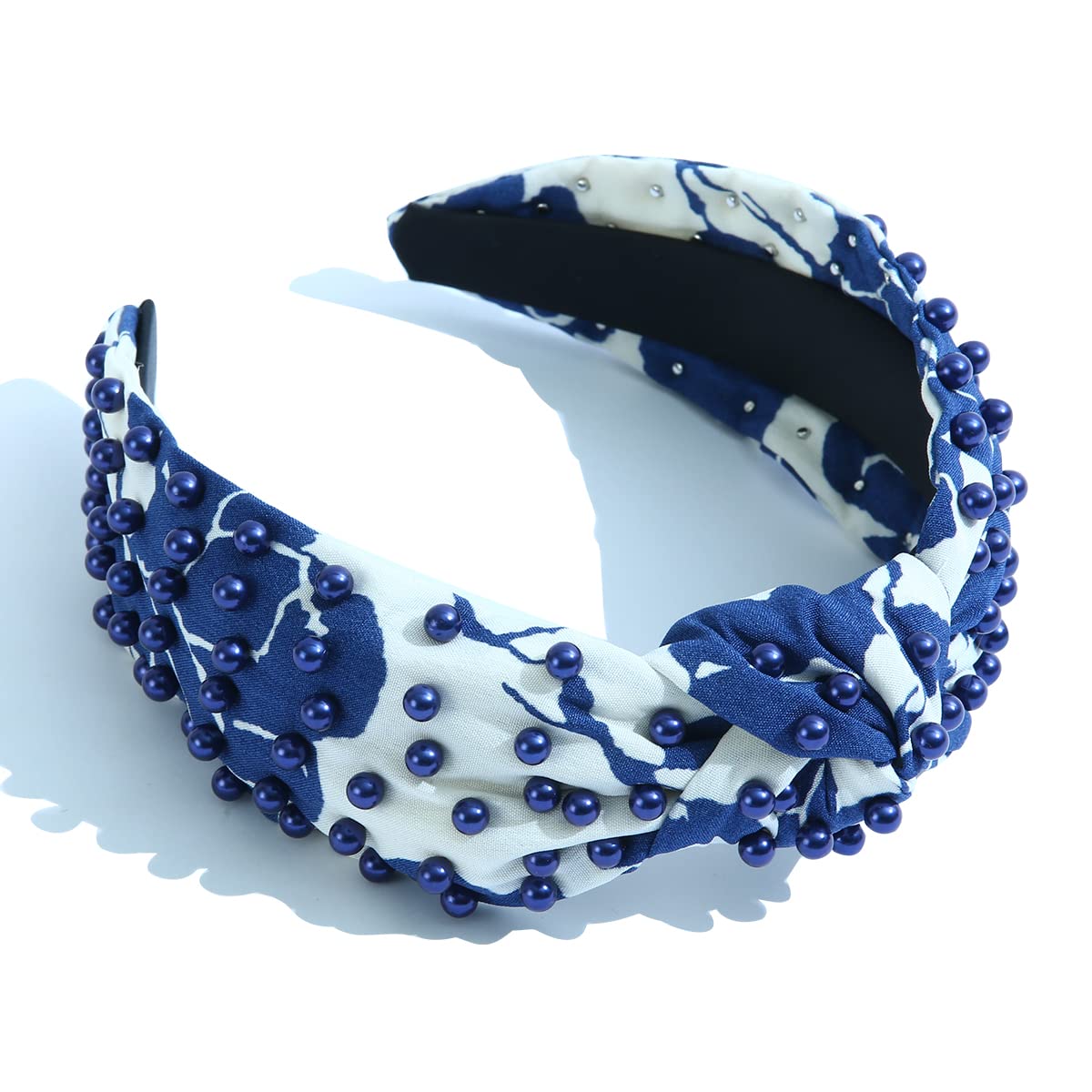 CULHEITE Pearl Knotted Headband for Women Dark Blue Headband Rhinestone Floral Pattern Hair Bands Fashion Girl Hair Accessories