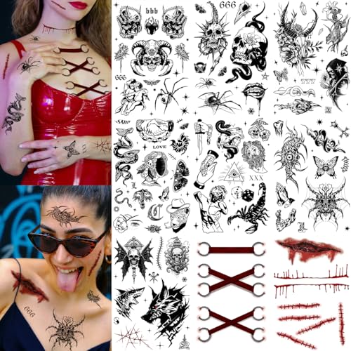 Gothic Temporary Tattoos for Men Women Adult - 9 Sheets Large Fake Tats for Men - Halloween Demon Skull Snake Scorpion Fake Tattoos for Arm Chest Sleeve