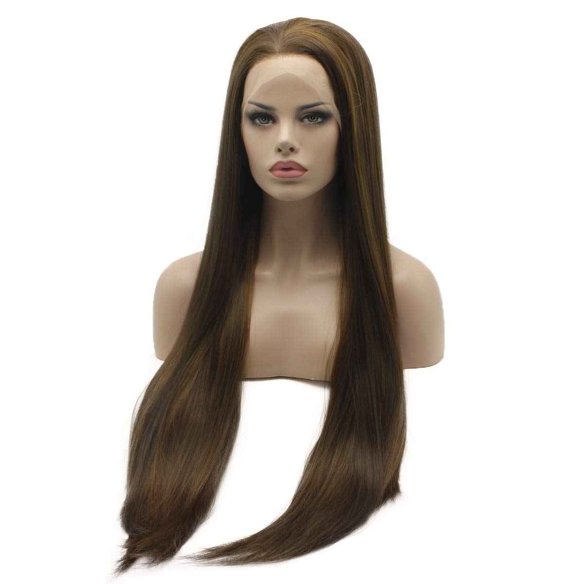 Lushy Straight Extra Long 28inch Silky Brown Honey Blonde Mix Heat Resistant Heavy Density Synthetic Lace Front Wig