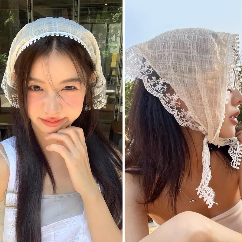 Yreamont Vintage White Chiffon Floral Lace Headpiece Headwrap Bandana for Women - Embroidered Fabric Head Covering