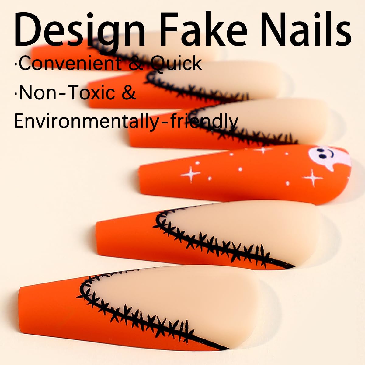 24pcs Extra long Hallowee Press on Nails Coffin Fake Nails French Yellow Full Cover Stick on Nails with Pumpkin and Ghost Designs False Nails Artificial Matte Acrylic Glue on Nails for Women