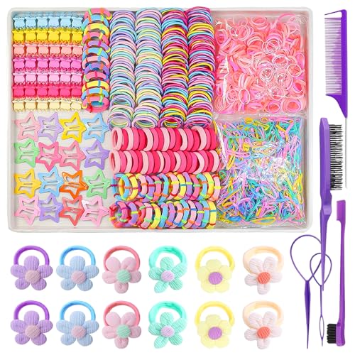 889 Pcs Colorful Hair Ties Set for Girls with Flower Accessories
