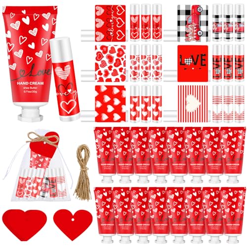 144 Pcs Valentine's Day Lip Balm Hand Cream Set Party Favors, Include 36 Red Valentine Lip Balm 36 Moisturizing Hand Cream 36 Bags 36 Love Cards and Ropes for Women Accessories Gifts