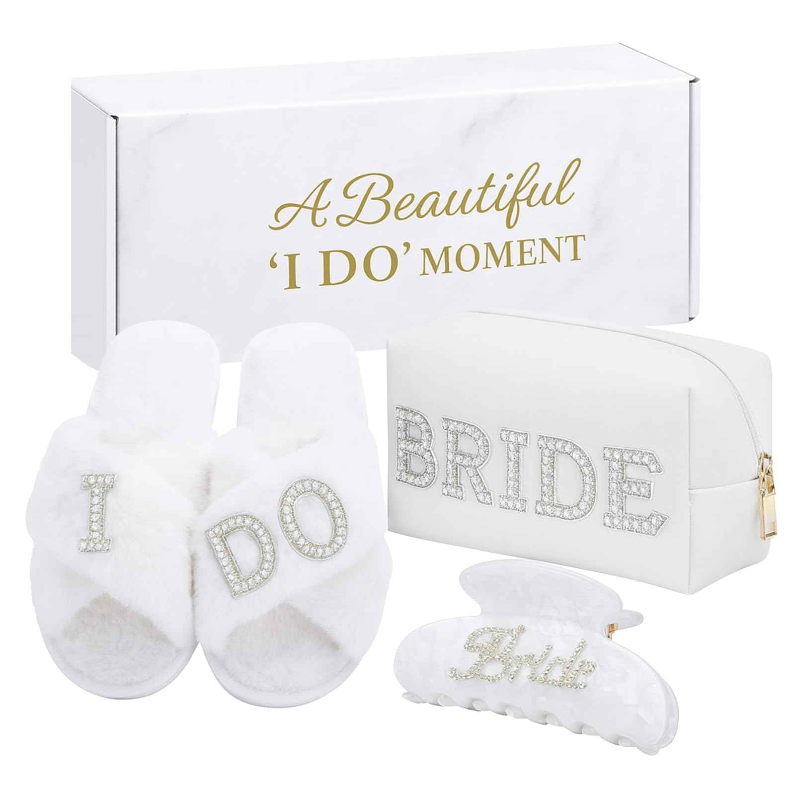 Zeokiar Bridal Shower Gifts, Bride To Be Gift Set, Wedding Gifts for Bride, Bachelorette Gifts for Bride, Engagement Gift for Her, Bachelor Party Christmas Gifts, Makeup Bag, I DO Slippers, Hair Clip