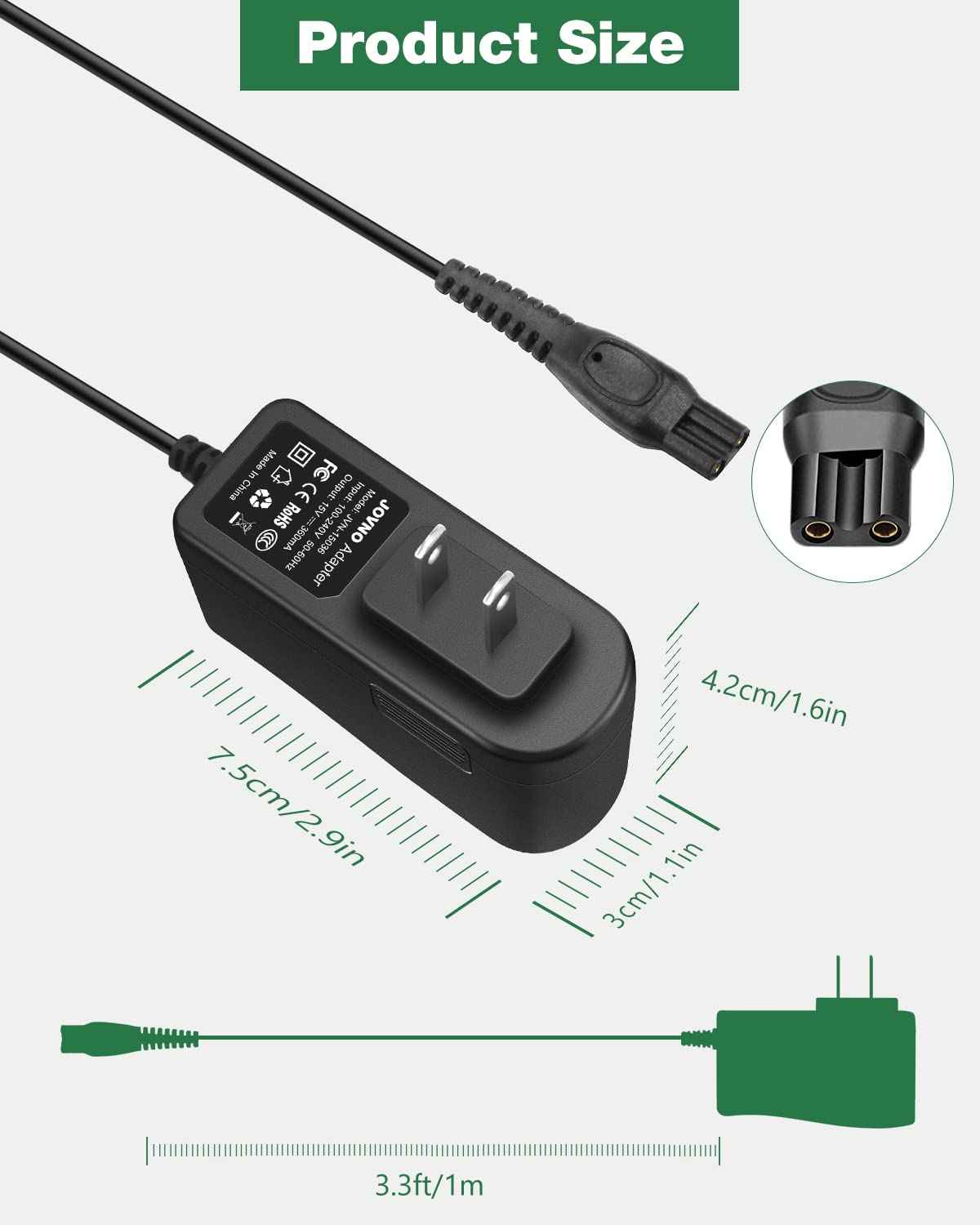 15V Charger Compatible with HQ8505 2300 3500 7000 5000 3000 Series & MG5750 MG7750 Electric Shaver Razor Aquatec Arcitec Multigroom Beard Trimmer, 15 Volt Power Supply Cord