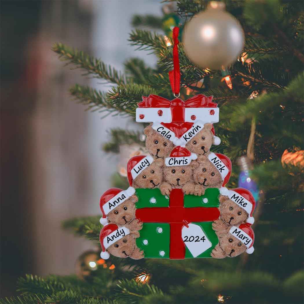 SELPONT Bear Family Chrismtas Ornament 2023 - Bear with Gift Box in Ear Earphones,Wireless Headphones,Noise-Canceling Earbuds