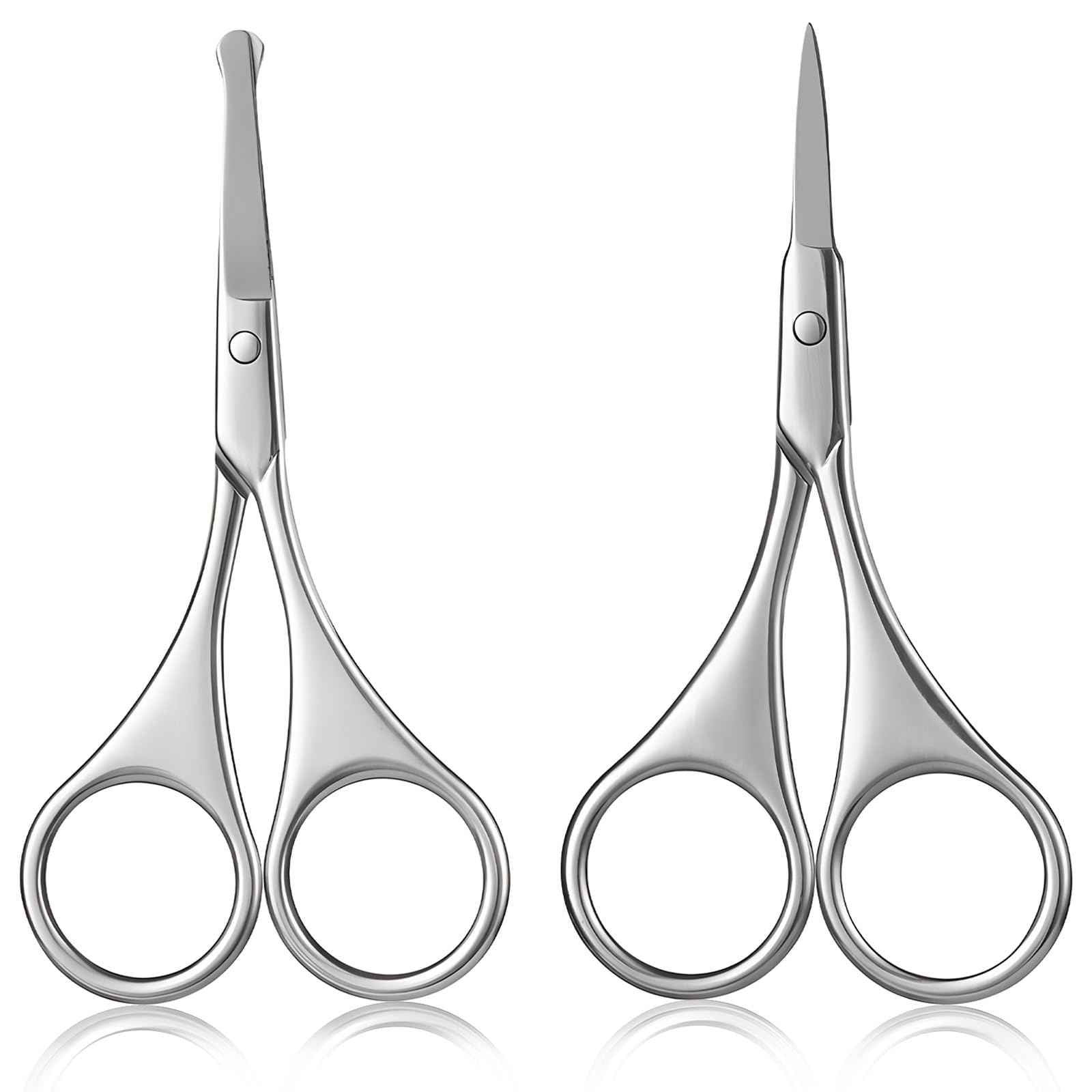 Kootinn 2Pcs Facial Hair Small Grooming Scissors For Men Women - Eyebrow, Nose Hair, Mustache, Beard, Eyelashes, Ear Trimming Kit - Curved and Rounded Safety Tip Clippers For Hair Cutting - Silver