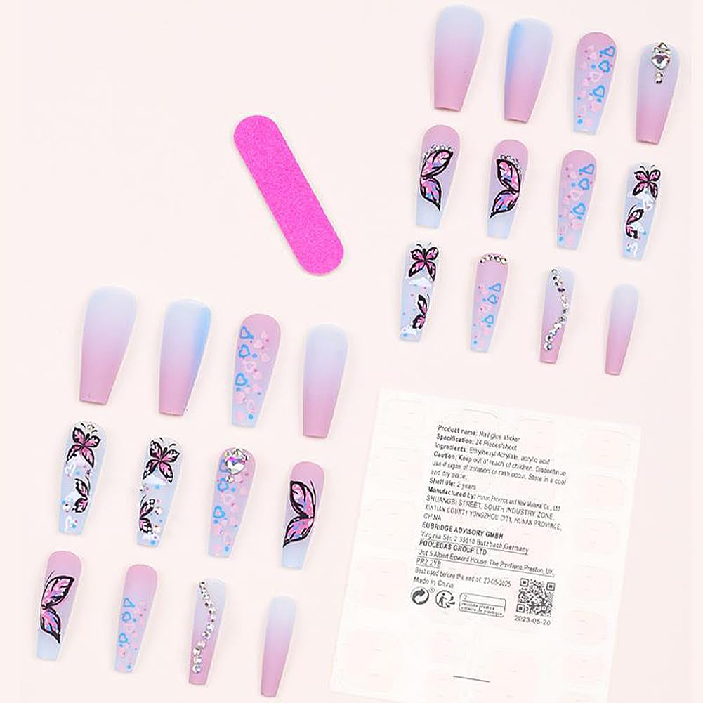 Long Press on Nails Heart-Shaped Ombre Long Fake Nails Coffin Press on Nails Square False Nails with Butterfly&Rhinestones Design Acrylic Nails Press on Artificial Nails Stick on Nails For Women-24Pcs