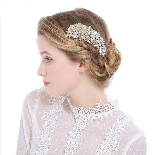 Sparkle Crystal Bridal Hair Comb Womens Rhinestone Wedding Hairpin Hair Clips (Gold)