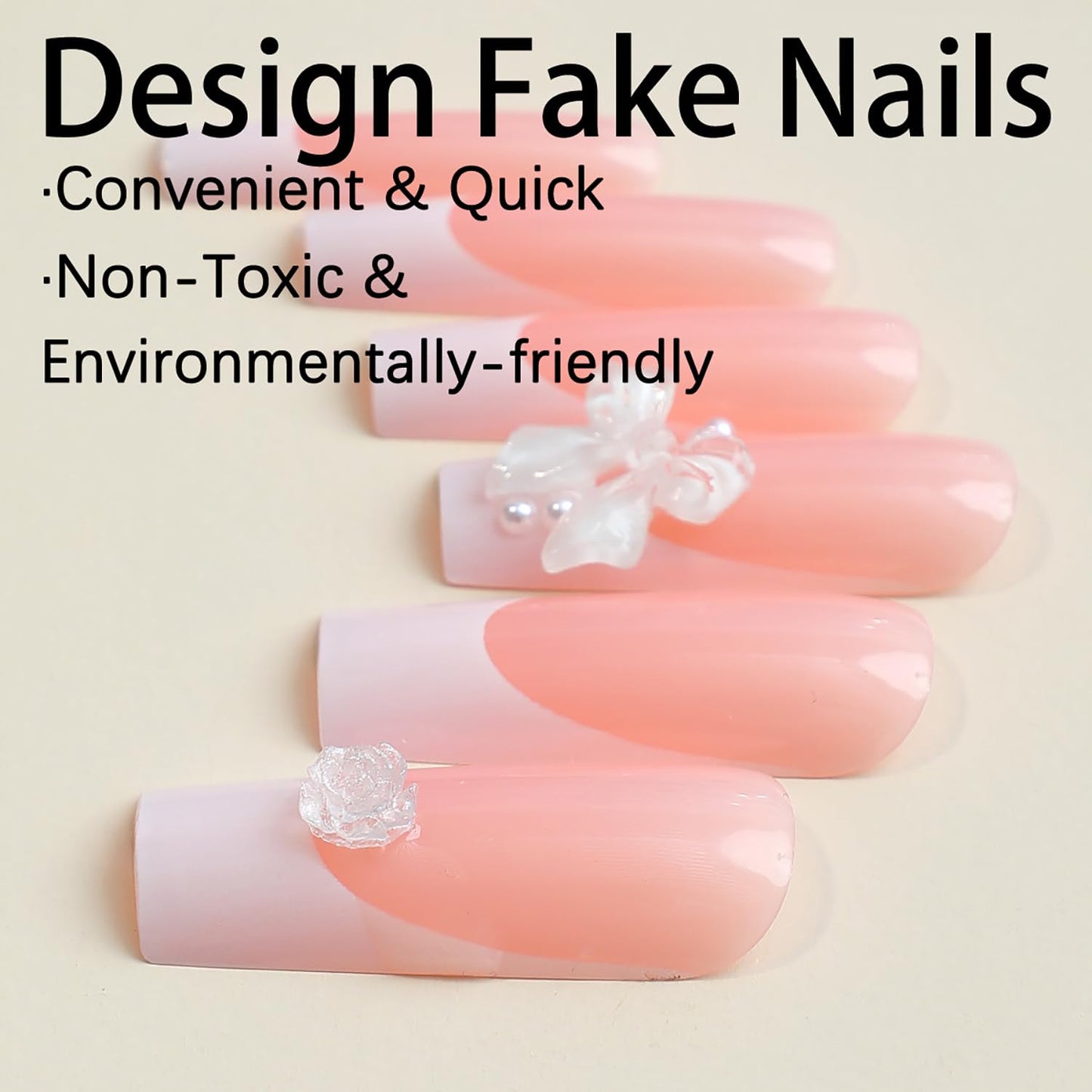 24 Pcs Long Press on Nails Square French Tip Fake Nails RIICFDD Nude False Nails with Charm Bow and Rose Designs Cute Full Cover Stick on Nails Glossy Artificial Nails for Women Girls