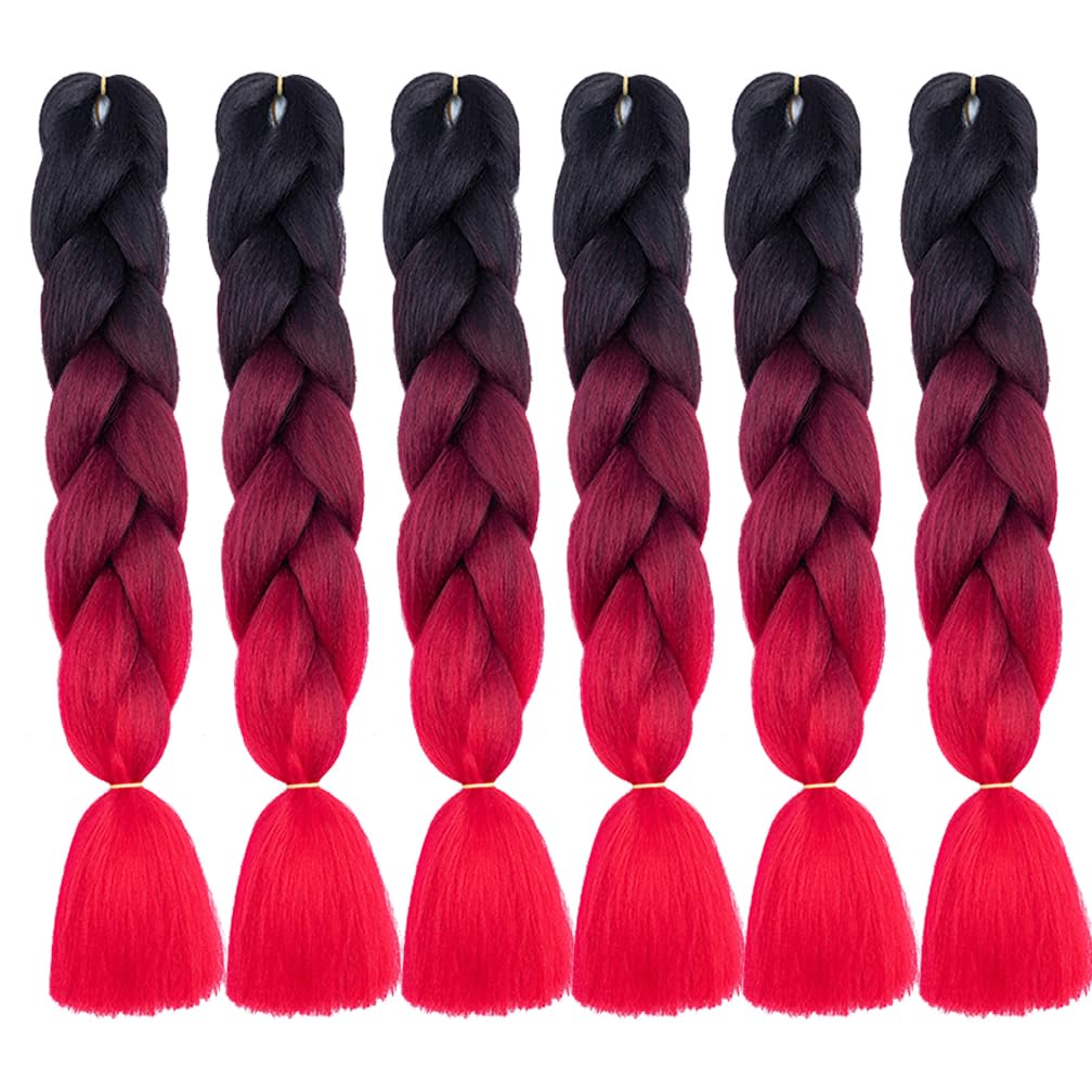 BALINGHAIR Braiding Hair Extensions Ombre Black to Red Professional High Temperature Kanekalon Braids Hair 24 Inch(C6-6Packs)