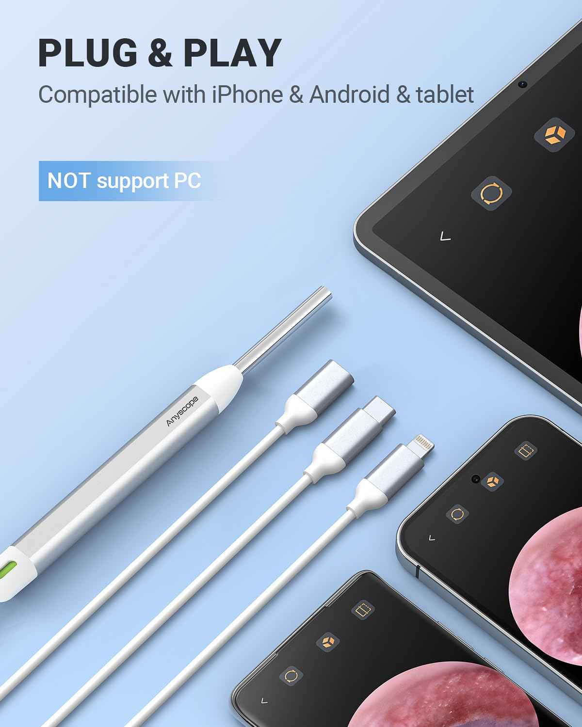 AnyScope HD Digital Otoscope, Video Ear Scope Otoscope with Light, Ultra Clear View Ear Camera with Ear Wax Removal Tools, Compatible with iPhone and Android Devices (Silver) ﻿