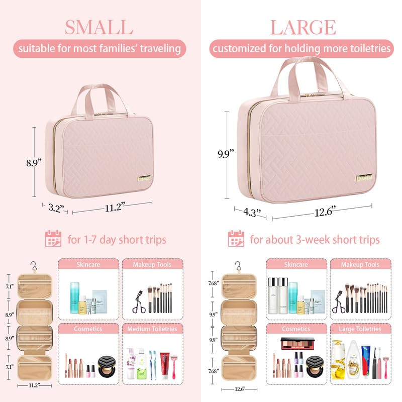 HOTOR Hanging Toiletry Bag - Waterproof Travel Makeup Organizer, Medium Pale Pink
