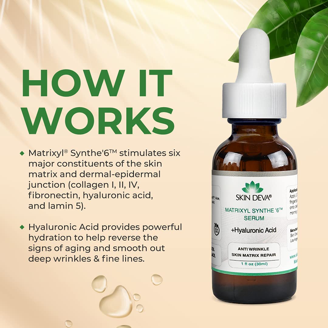 SKIN DEVA Matrixyl Synthe 6 Hyaluronic Acid Serum Anti Aging Serum Facial Serum Shrinks Pores and Keeps Skin Hydrated