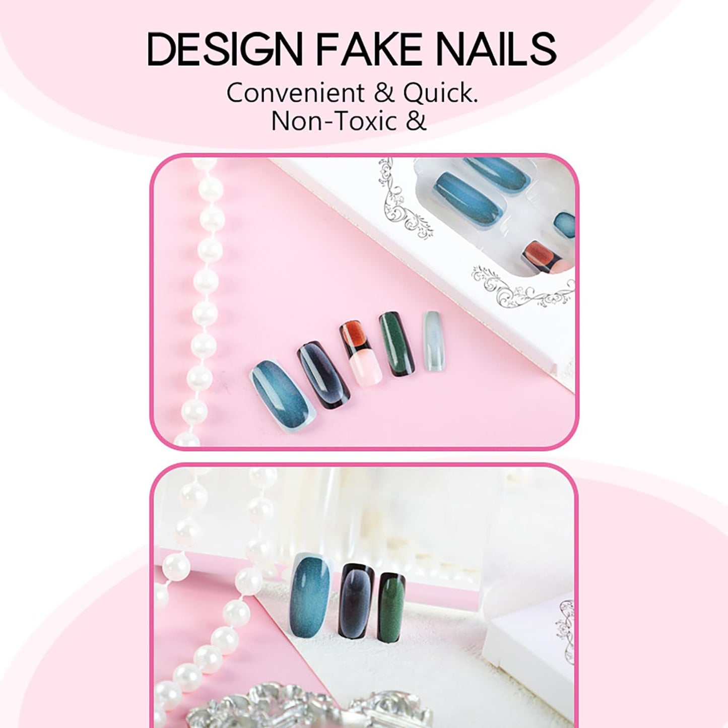 Long Square Press on Nails French Tip Fake Nails Full Cover Obrem False Nails with Designs Alien Style Glossy Glue on Nails Brown Green Acrylic Nails Fall Manicure Artificial Nails for Women 24Pcs