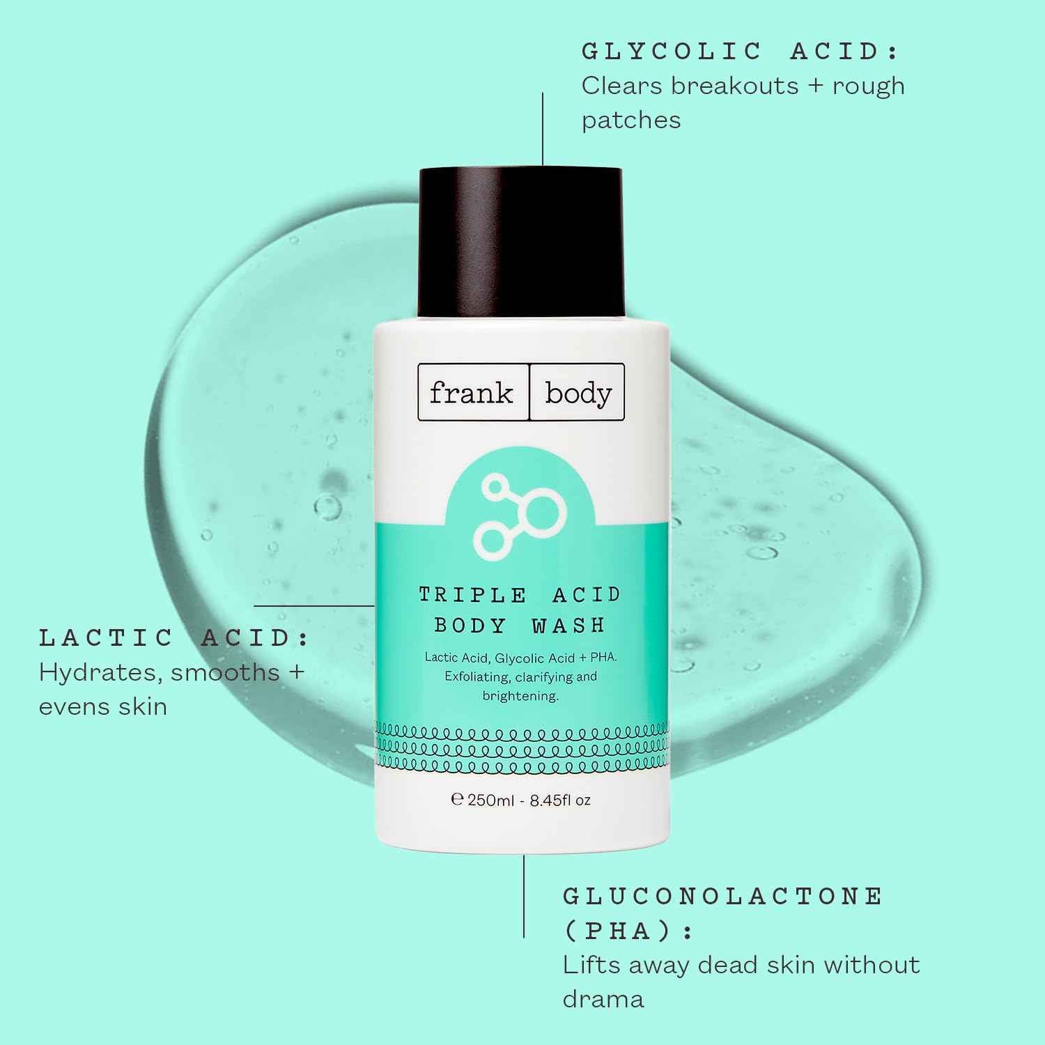frank body Triple Acid Body Wash | Clears Body Acne & Smooths KP Bumps | Daily Exfoliating Cleanser with Lactic, Glycolic & PHA Acids | Vegan & Cruelty-Free | Rosemary Spa Scent | 250ml/8.45 fl oz