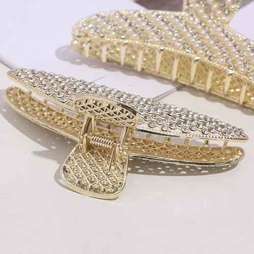2 Pack Large Rhinestone Hair Clips, Crystal Pearl Hair Claw Clips, Black Gold Jumbo Jaw Clip, Nonslip Hair Claw for Thick Long Hair, Fashion Hair Clamp Accessories for Women Girls