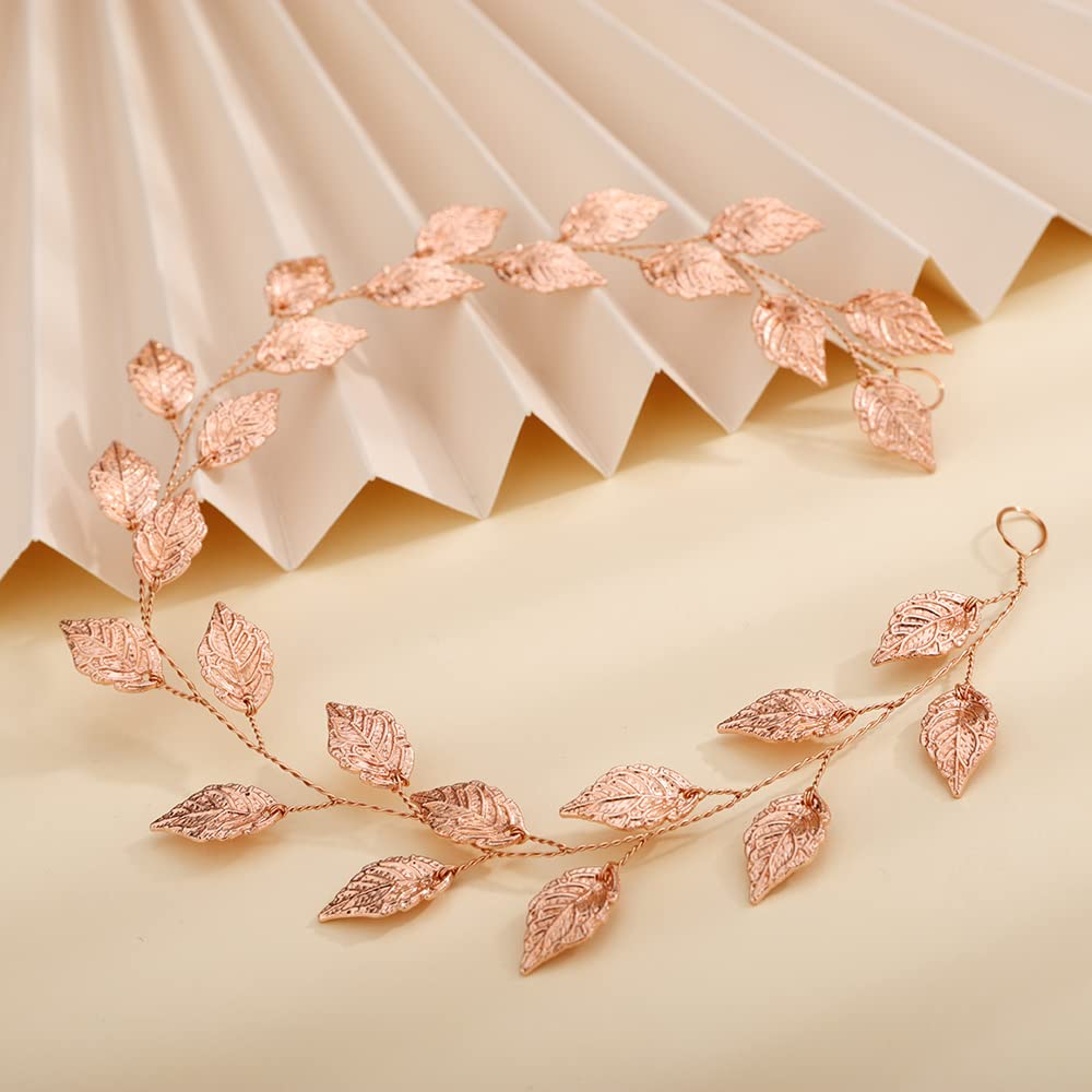 Teyglen Wedding Bridal Leaf Hair Vine Boho Headpiece Rose Gold Leaves Headband Wedding Hair Pieces Hair Accessories for Women Bride Grils (Rose Gold)