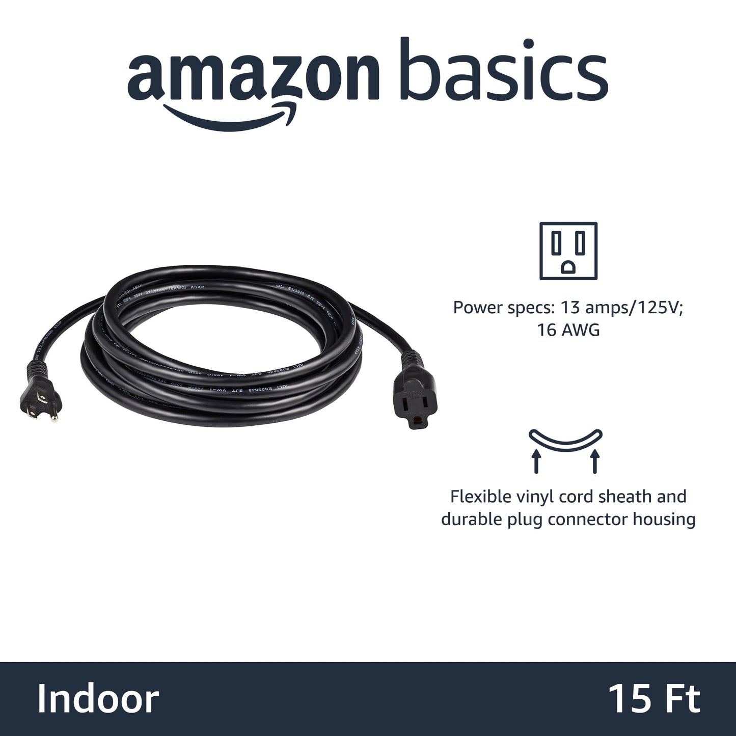 Amazon Basics Power Extension Cord, 15 Feet, 13 Amps, 125V, Black