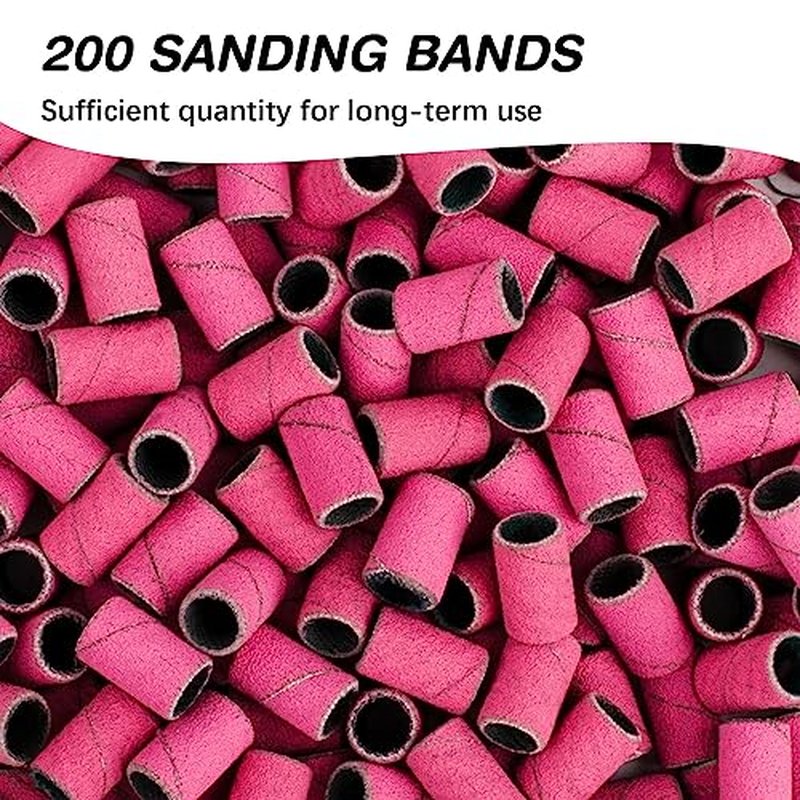 240 Grit Sanding Bands for Nail Drill - 200Pcs Pink with 2 Mandrels
