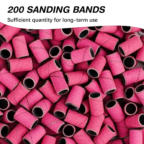 Rolybag 240 Grit Pink Nail Sanding Bands for Drill - 200Pcs with 2 Drill Bits - Manicure & Pedicure