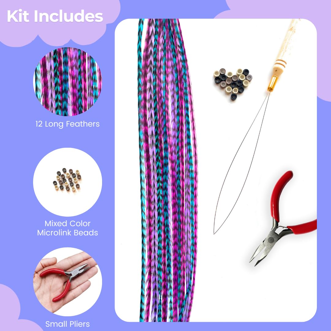 Hair Feathers Kit- Includes Feather Hair Extensions, in Long Pink, Purple, Blue Colors, Microlink Beads, Loop Tool and Pliers