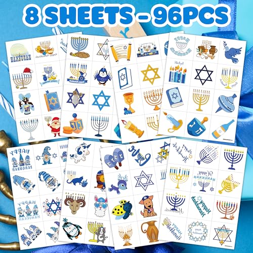 96 PCS Hanukkah Temporary Tattoos - Menorah & Star David Party Favors